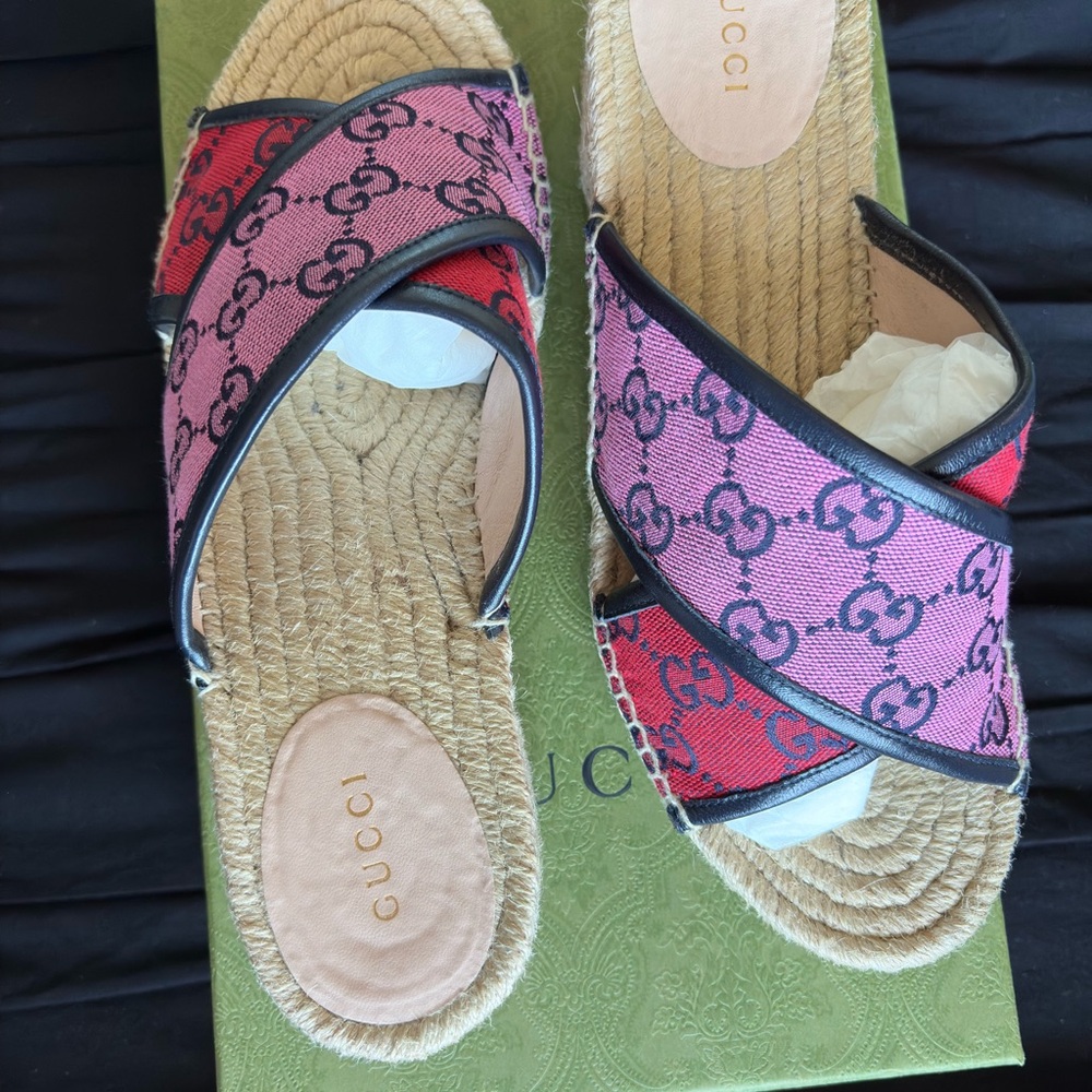 Gucci Red and Pink Espadrille Slides